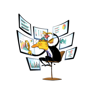Cartoon depiction of a business user exploring deeper meaning within their data and acquiring knowledge by inspecting data visuals