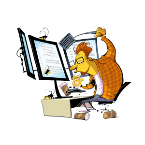 Cartoon depiction of a software developer debugging code