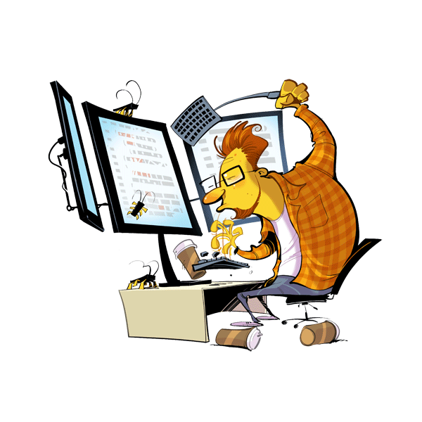 Cartoon depiction of a software developer debugging code